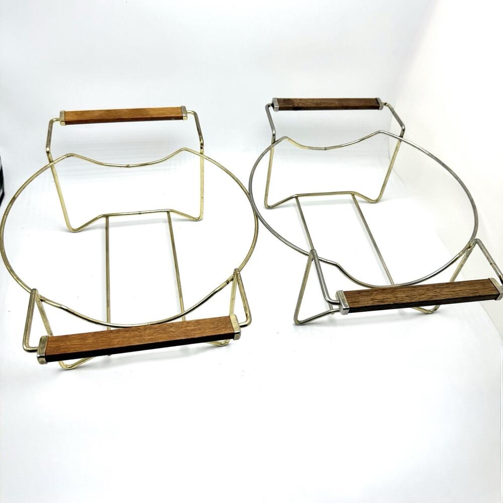 2 Vintage Pyrex Large Round Metal Cradles Casserole Stand Holder w Wood Handles
